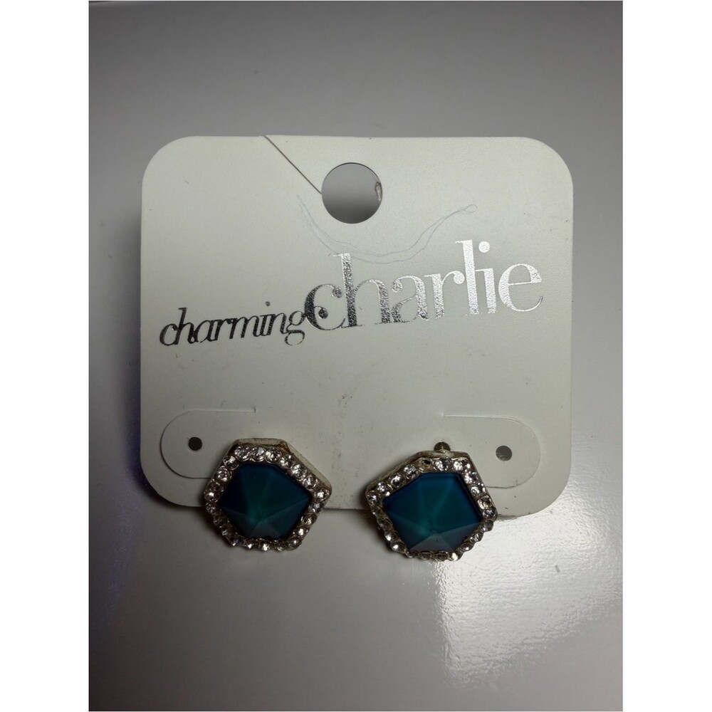 Charming Charlie Teal Hexagon Halo Stud Earrings